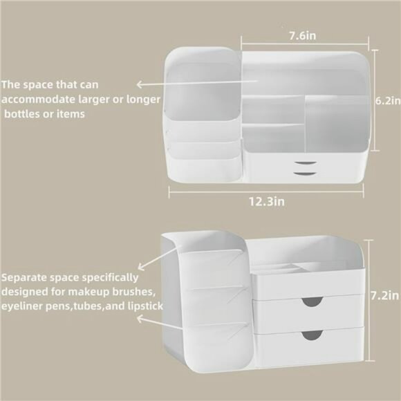 Large makeup organizer with drawers and brush holder vanity countertop storage - Picture 2 of 8